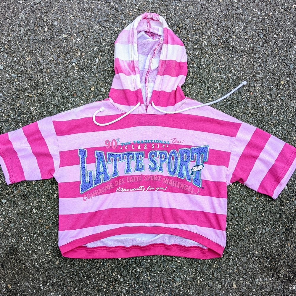 Vintage 1990s Classic Latte Sport Brand Pink Striped Hoodie Tee Retro 90s VTG
